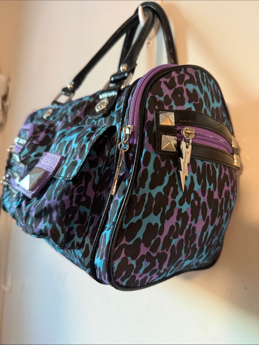 Betsey Johnson Purple & Teal Animal Print Duffel Satchel Handbag - Picture 5 of 15